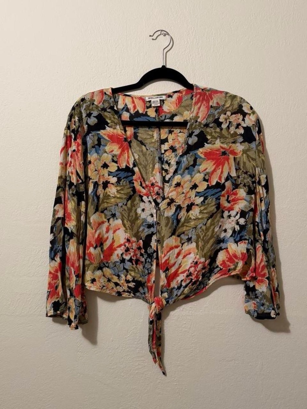 Billabong Floral Tie-Front Blouse - Black, Coral, Olive, Blue